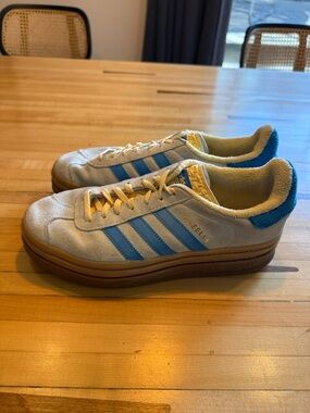 Adidas Light Blue Suede platform Gazelle Sneakers with Blue Stripes and Gum Sole